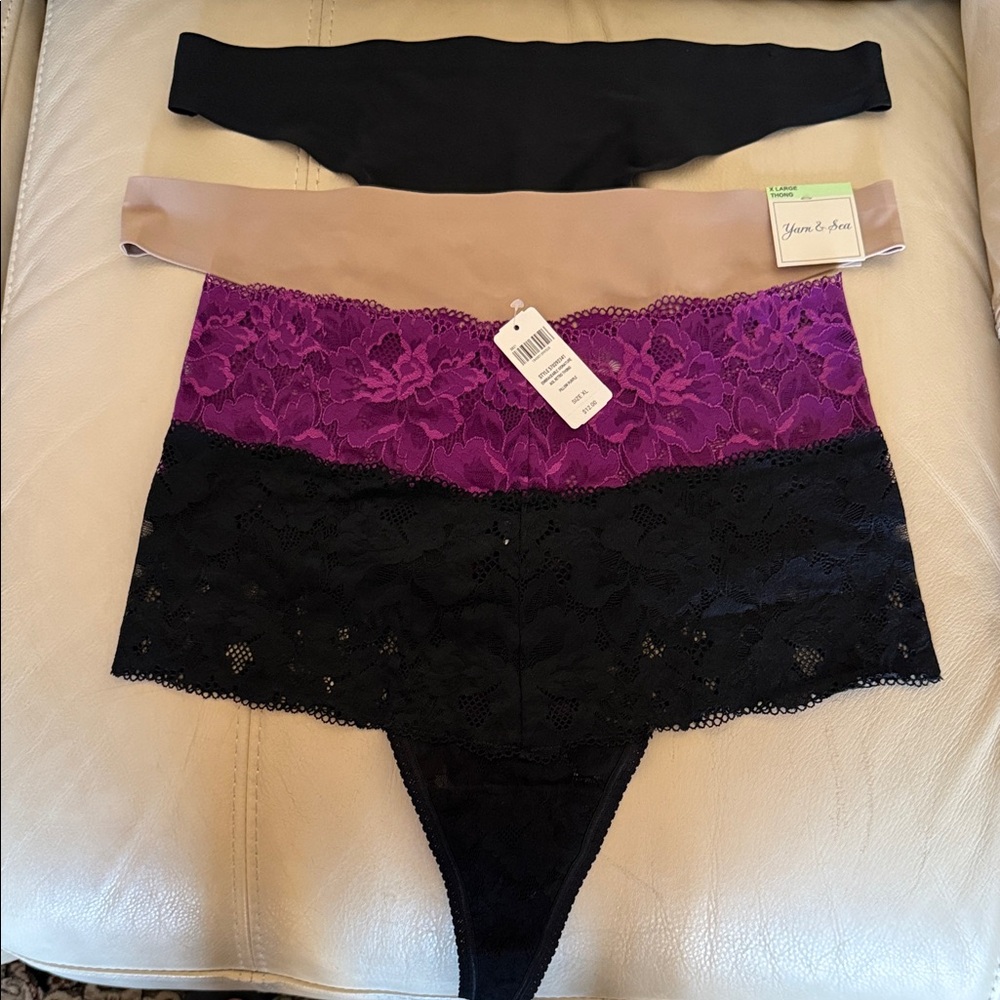 Lace Trim Women's Intimates Set - Black, Purple, tan. 2 Soma, and 2 Yarn & Sea